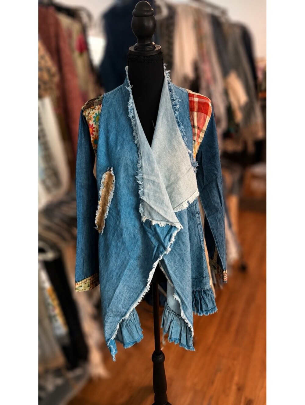 YOUNG THREADS Denim Patchwork Boho Shrug Jacket Ruffle NWT Small